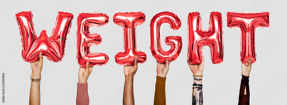 Hands showing weight balloons word