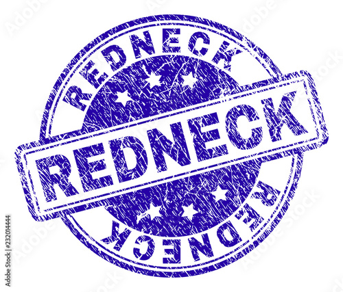 REDNECK stamp seal watermark with grunge texture. Designed with rounded rectangles and circles. Blue vector rubber print of REDNECK caption with dirty texture.