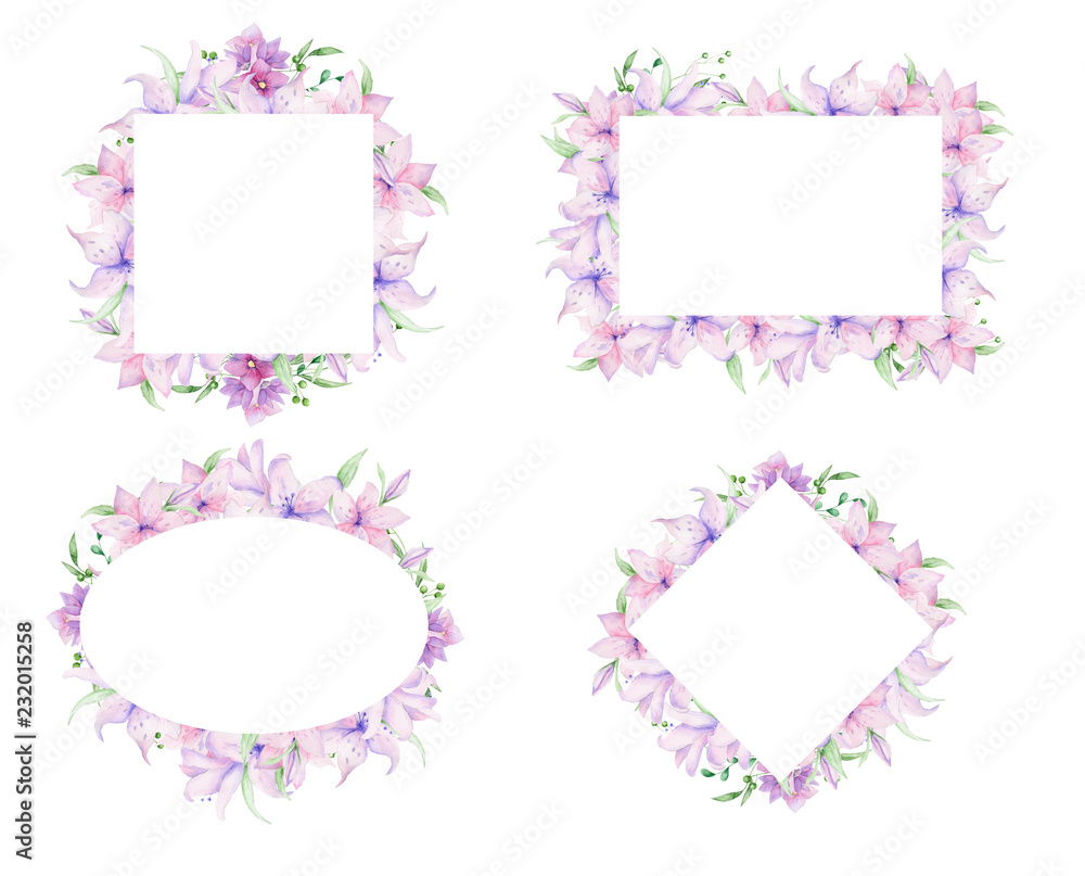 Floral frames with pink flowers and decorative leaves. Watercolor Invitation design horizontal. Background to save the date.Greeting cards with pink flowers. Floral frames with pink flowers and decorative leaves. Watercolor Invitation design horizontal. Background to save the date.Greeting cards with pink flowers.