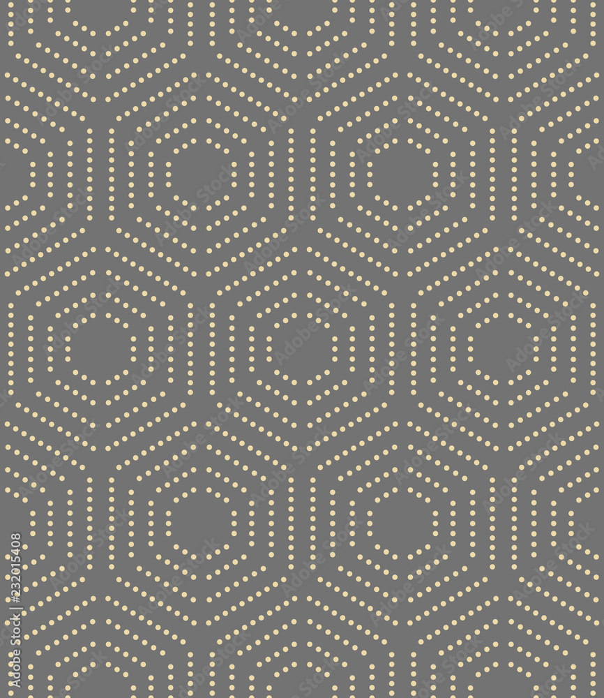 Geometric repeating vector ornament with hexagonal dotted elements. Geometric modern golden dotted ornament. Seamless abstract modern pattern