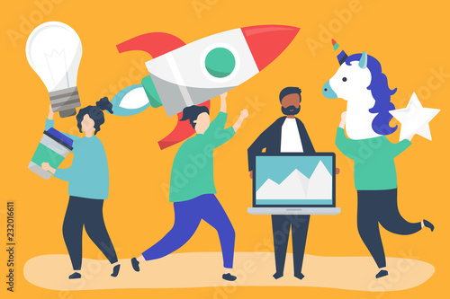 People characters holding creative business concept icons