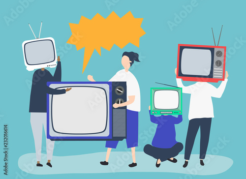 Character illustration of people with analog TV icons