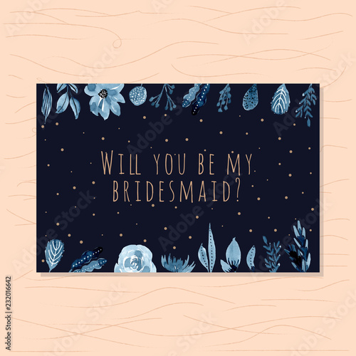 bridesmaid card with navy florals and dark background