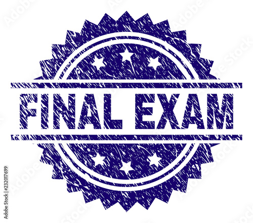 FINAL EXAM stamp seal watermark with distress style. Blue vector rubber print of FINAL EXAM label with dust texture.