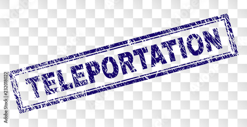 TELEPORTATION stamp seal print with rubber print style and double framed rectangle shape. Stamp is placed on a transparent background.