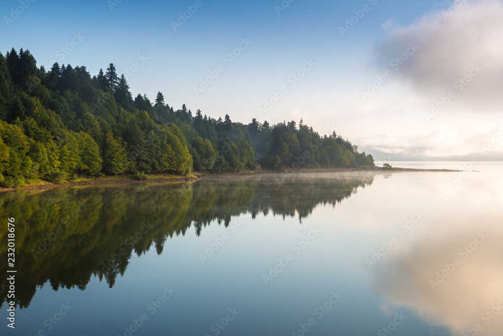 Obraz premium Morning view on foggy Shaori Lake at sunrise Georgia country