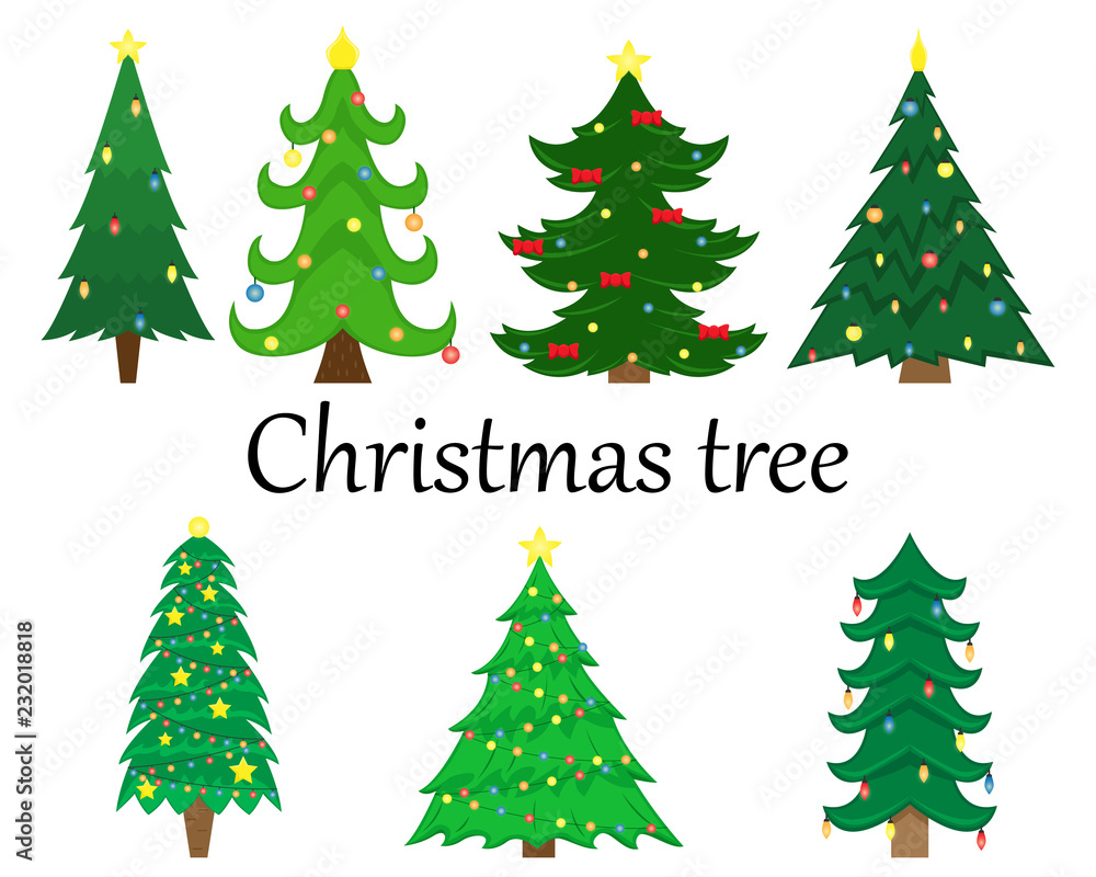 Set of 7 vector Christmas trees with decoration. Flat isolated illustration.