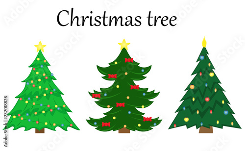 Set of 3 vector Christmas trees with decoration. Flat isolated illustration.