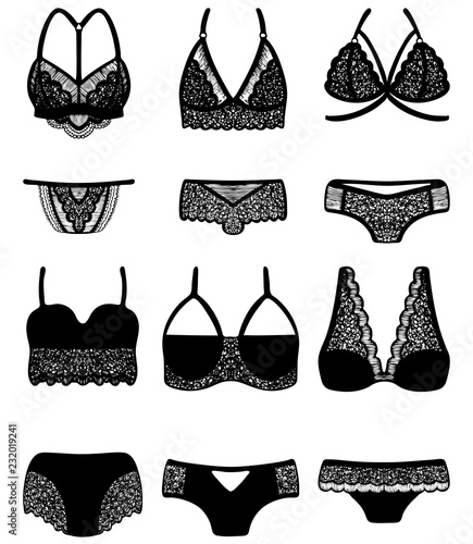 Lace hand-drawn ink on women's underwear. Set of 6 sexy lingerie sets.