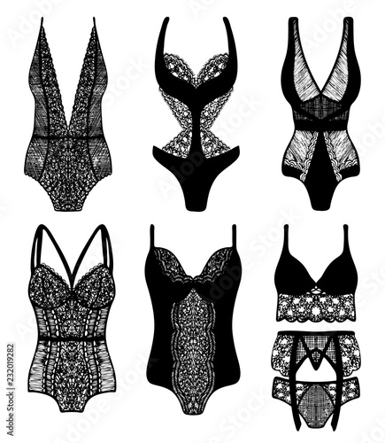 Lace hand-drawn ink on women's underwear. Set of 6 sexy lingerie sets.