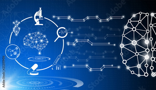 abstract background technology concept in blue light,brain and human body heal ,technology modern medical science in future and global international medical with tests analysis clone DNA human