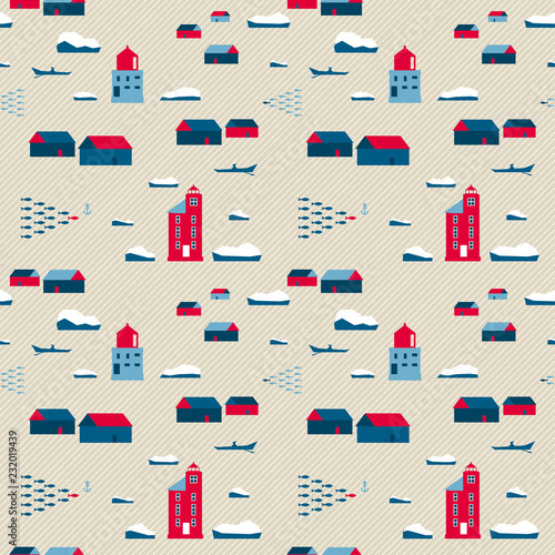 7146937 Seamless pattern, lighthouses and village