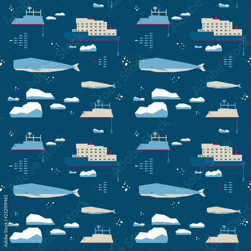 7146934 Seamless pattern. Whale and icebreaker