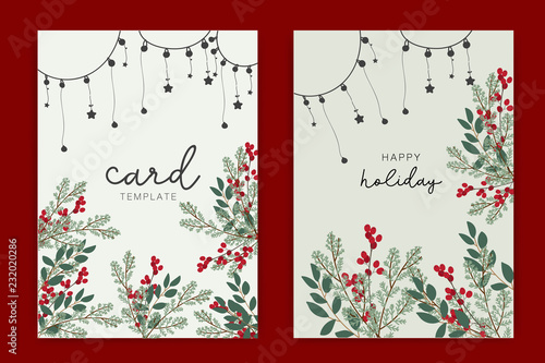 Holidays card template with leaf and red berry