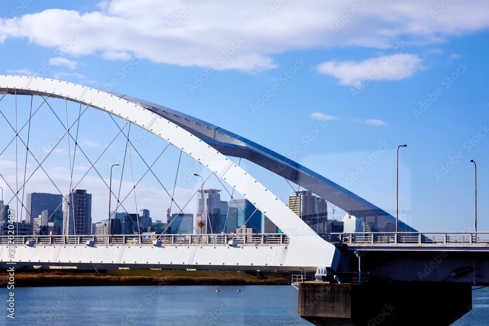 steel bridge cross river at osaka town