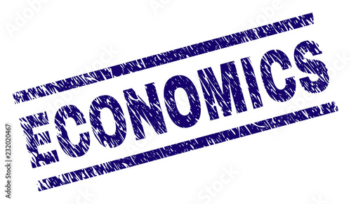 ECONOMICS seal print with grunge style. Blue vector rubber print of ECONOMICS text with dirty texture. Text label is placed between parallel lines.