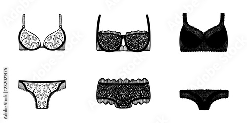 Lace hand-drawn ink on women's underwear. Set of 3 sexy lingerie sets.