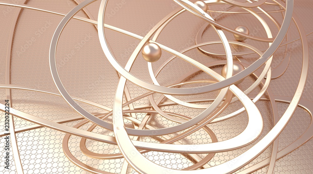 Abstract composition of gold objects: balls and rings on a gold background. Fantasy of luxury. 3D illustration Abstract composition of gold objects: balls and rings on a gold background. Fantasy of luxury. 3D illustration