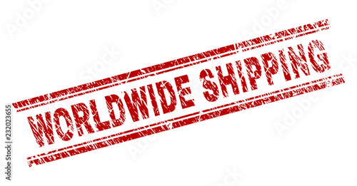 WORLDWIDE SHIPPING seal print with distress texture. Red vector rubber print of WORLDWIDE SHIPPING label with grunge texture. Text label is placed between double parallel lines.