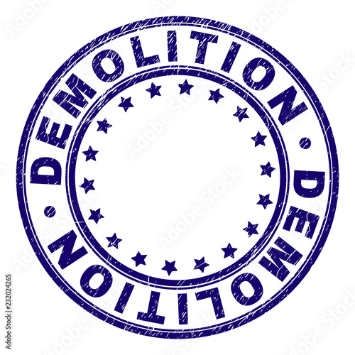 DEMOLITION stamp seal watermark with grunge texture. Designed with round shapes and stars. Blue vector rubber print of DEMOLITION title with grunge texture.