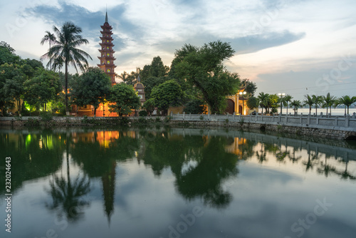Tran Quoc pagoda during sunset time  the oldest temple in Hanoi  Vietnam. Hanoi cityscape.