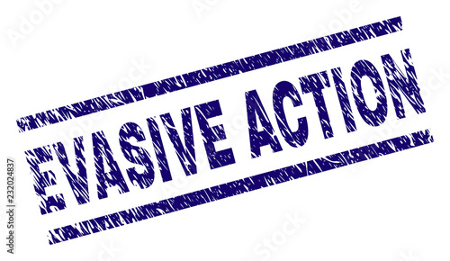 EVASIVE ACTION seal print with distress style. Blue vector rubber print of EVASIVE ACTION text with unclean texture. Text tag is placed between parallel lines.