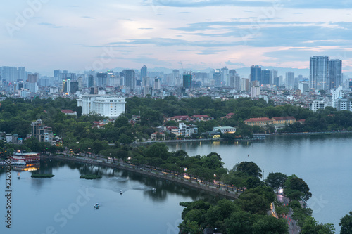 Aerial view of Hanoi skyline at West Lake or Ho Tay. Hanoi cityscape at twilight © Hanoi Photography