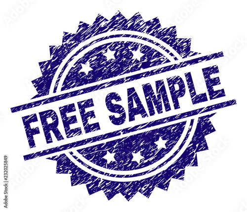 FREE SAMPLE stamp seal watermark with distress style. Blue vector rubber print of FREE SAMPLE title with dirty texture.