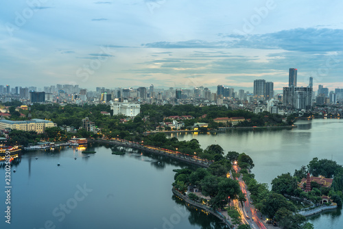 Aerial view of Hanoi skyline at West Lake or Ho Tay. Hanoi cityscape at twilight