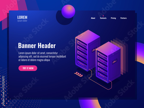 File and digital data backup and transfer isometric icon, server room, cloud storage and datacenter, big data processing dark neon