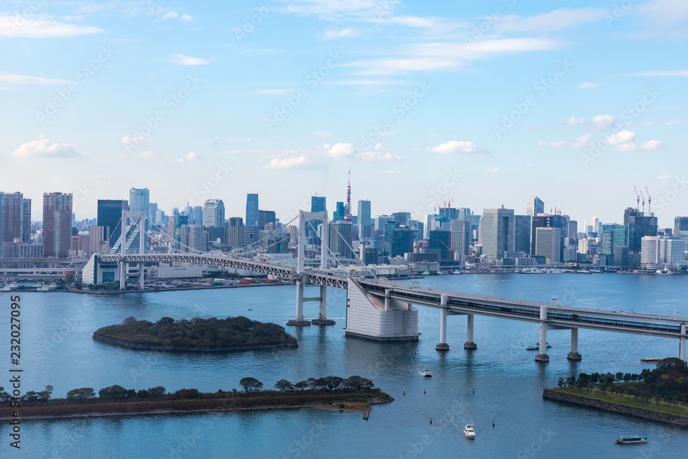 (東京都ｰ都市風景)お台場から望むレインボーブリッジと湾岸風景４