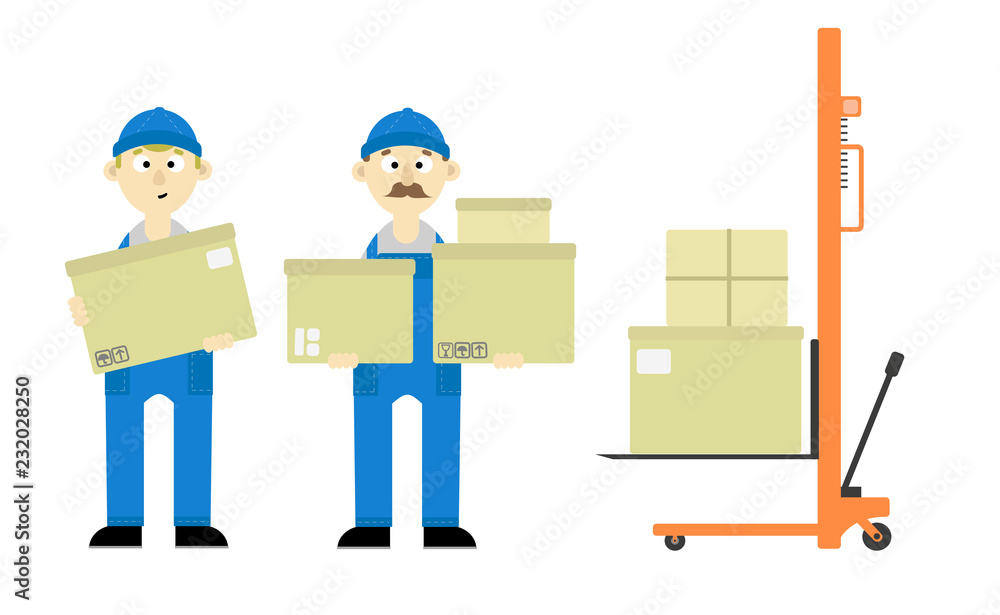 loaders movers with cardboard boxes Vector illustration on white background loaders movers with cardboard boxes Vector illustration on white background