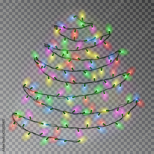 Christmas color tree of lights string hanging on wall. Transparent effect decoration isolated on dar