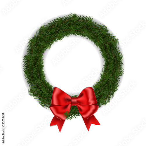 Green Christmas wreath with red ribbon bow vector isolated on white background. Xmas round garland d