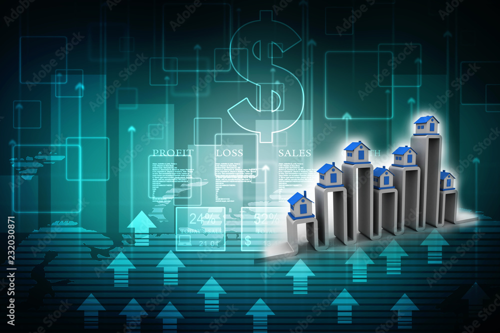 3d illustration Growth in real estate shown on graph 3d illustration Growth in real estate shown on graph