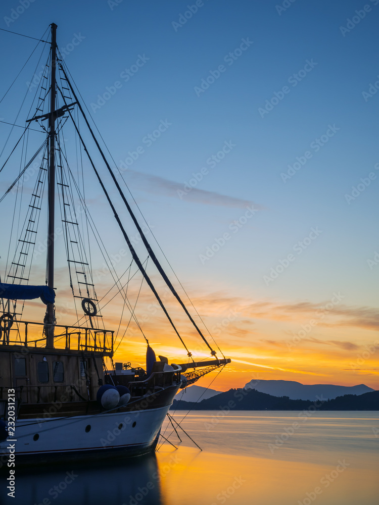 Sunrise on the bay of Nidri in Lefkas island Greece