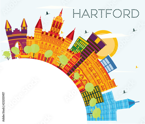 Hartford Connecticut USA Skyline with Color Buildings, Blue Sky and Copy Space.