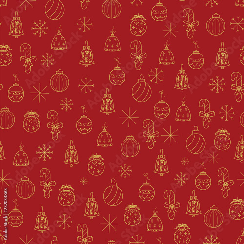 Hand drawn Merry Christmas and Happy New Year doodle gold and red  seamless pattern  with Christmas decorations