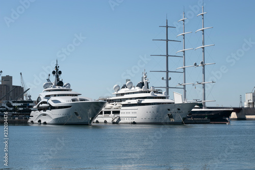 PORT TERRAGONA, SPAIN - OCTOBER 05, 2018: Super yachts Katara and Maltese Falcon moored at the port of Terragona