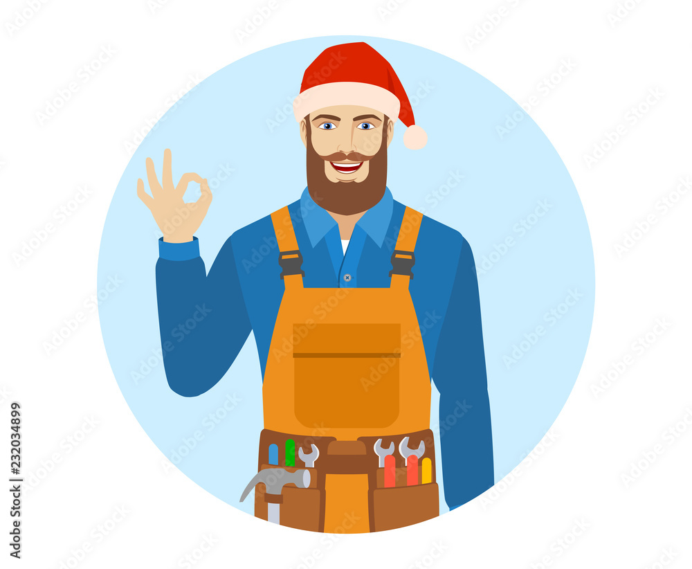 Worker in Santa hat show a okay hand sign.