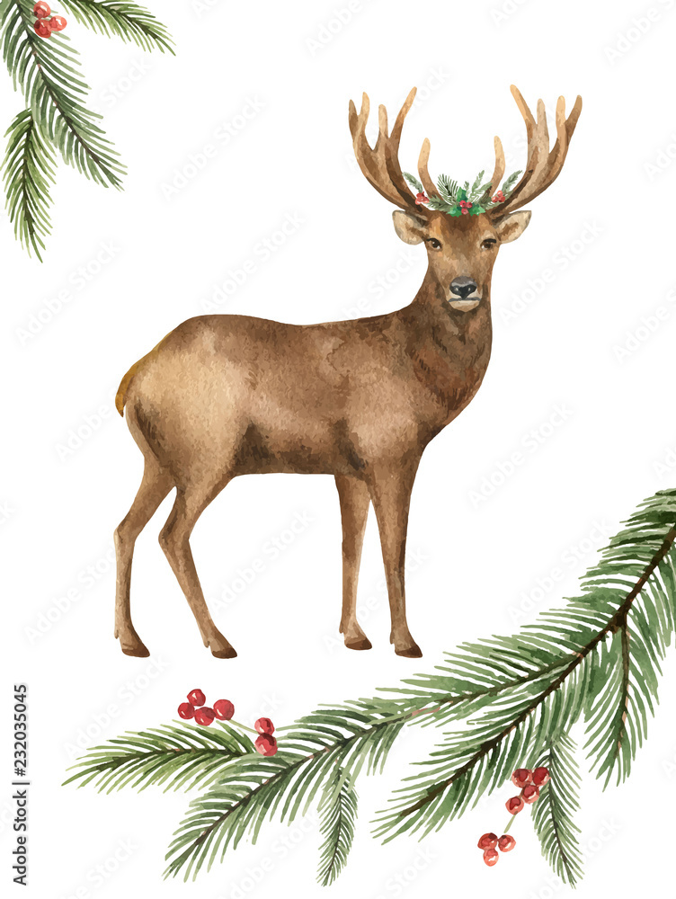 Obraz Akwarela wektor kartkę z życzeniami z jelenia Bożego Narodzenia i zielony świerk oddział.