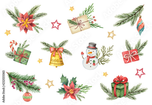 Watercolor vector set with Christmas elements isolated on white background.