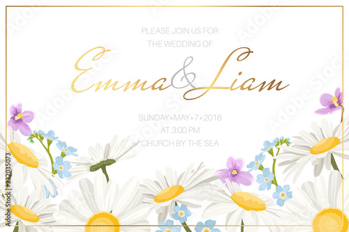 Wedding marriage event invitation card template. Daisy chamomile forget-me-not wild field meadow flowers border frame. White yellow blue purple colors. Golden text placeholder. Horizontal landscape.