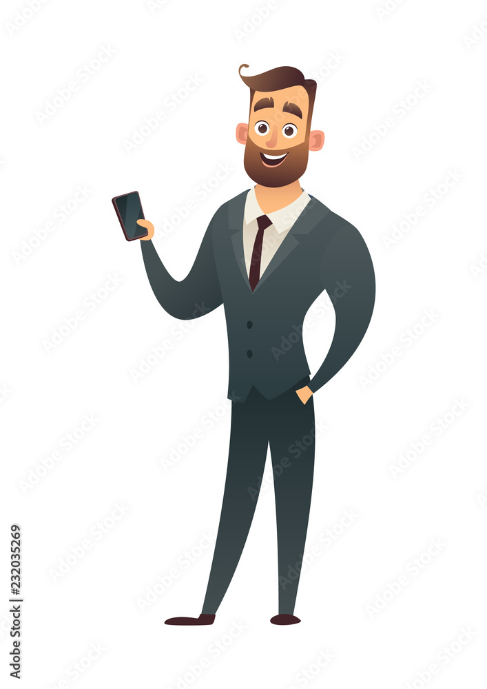 Successful beard businessman with phone business character Successful beard businessman with phone business character