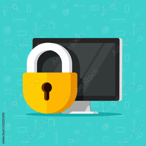 Computer security vector illustration isolated, flat cartoon design desktop pc protected with lock, concept of firewall protection, privacy access, private data, safety service or system