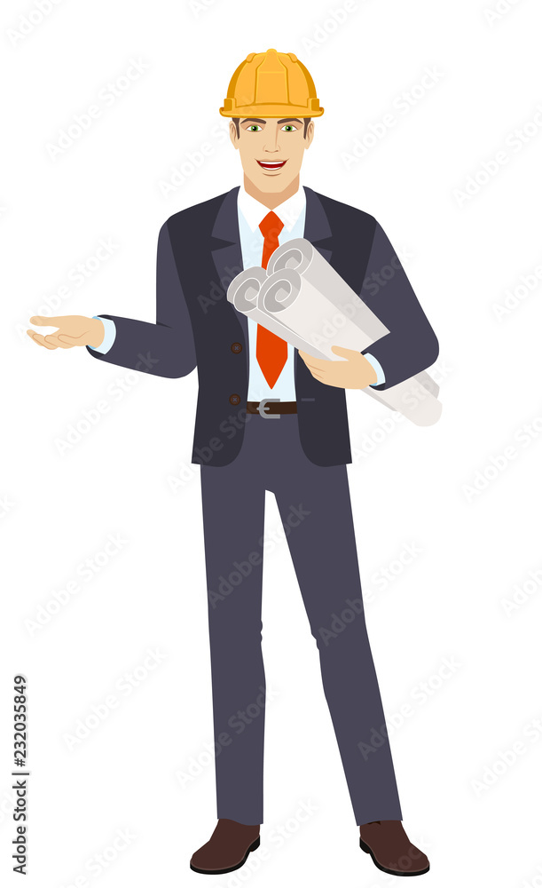 Businessman in construction helmet holding the project plans and gesturing Businessman in construction helmet holding the project plans and gesturing