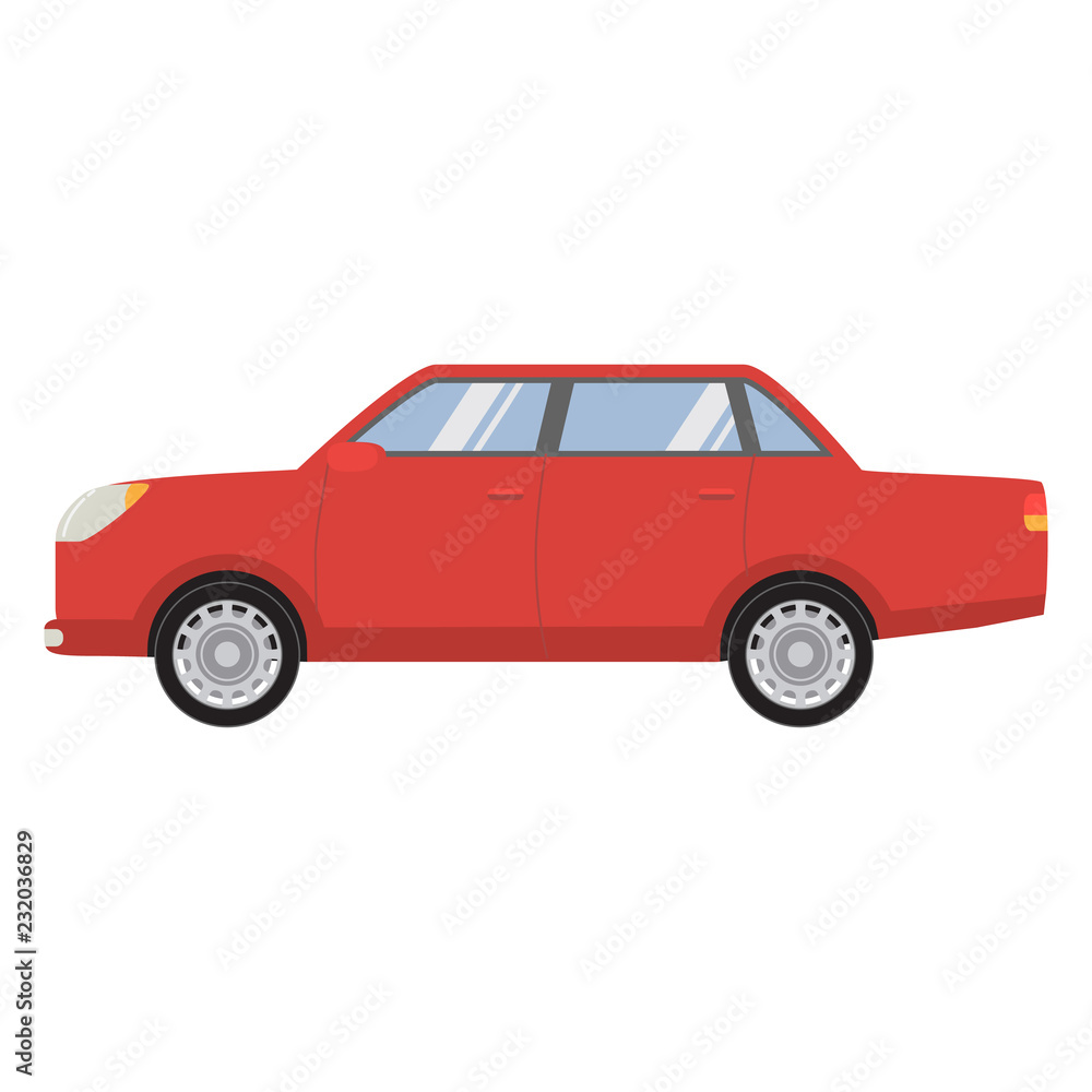 The car type the sedan with the engine. Concept of design of the vehicle. An icon in flat a vector.Cartoon style on a white isolate.