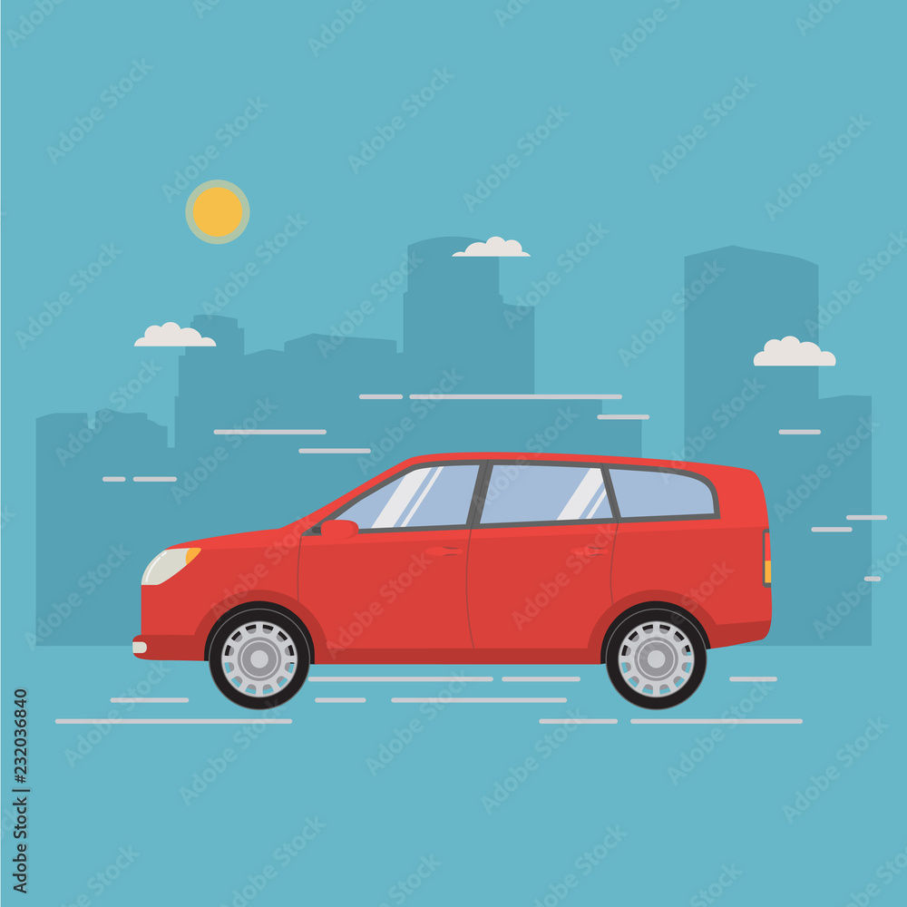 City family crossover. Car of red color body type hatchback. A city landscape with skyscrapers. In flat style a vector a concept of design of a poster for the website sale and repair of vehicles.SUV