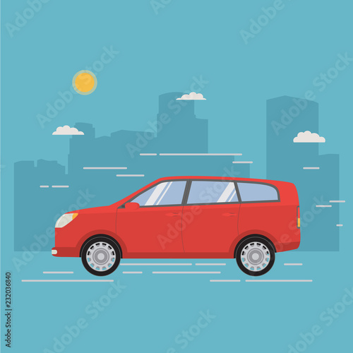Fototapeta Naklejka Na Ścianę i Meble -  City family crossover. Car of red color body type hatchback. A city landscape with skyscrapers. In flat style a vector a concept of design of a poster for the website sale and repair of vehicles.SUV