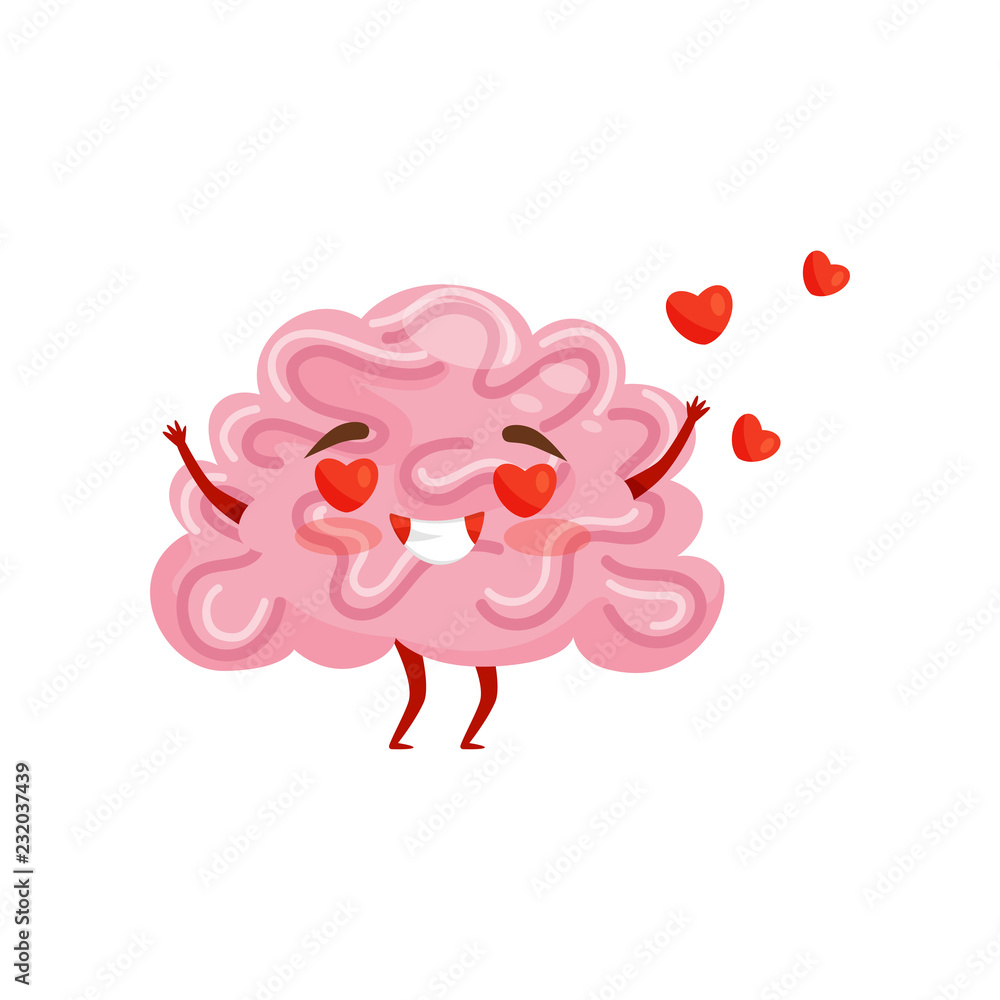 Enamored humanized brain with happy face, red hearts flying in the air. Cartoon character. Flat vector for print or postcard